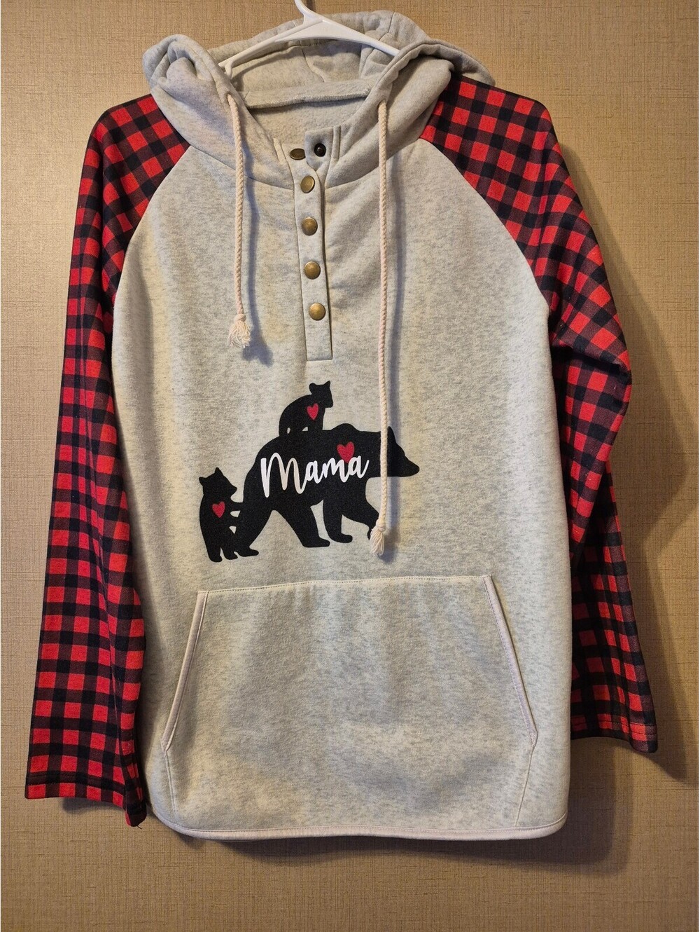 Women's Medium Mama Bear Hoodie Sweatshirt with Red and Black Plaid Sleeves